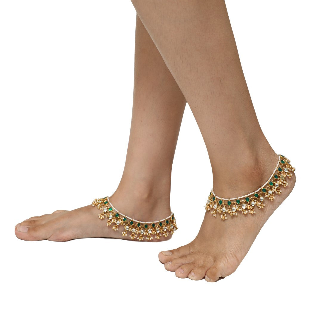 Green & White Gold Plated Payal