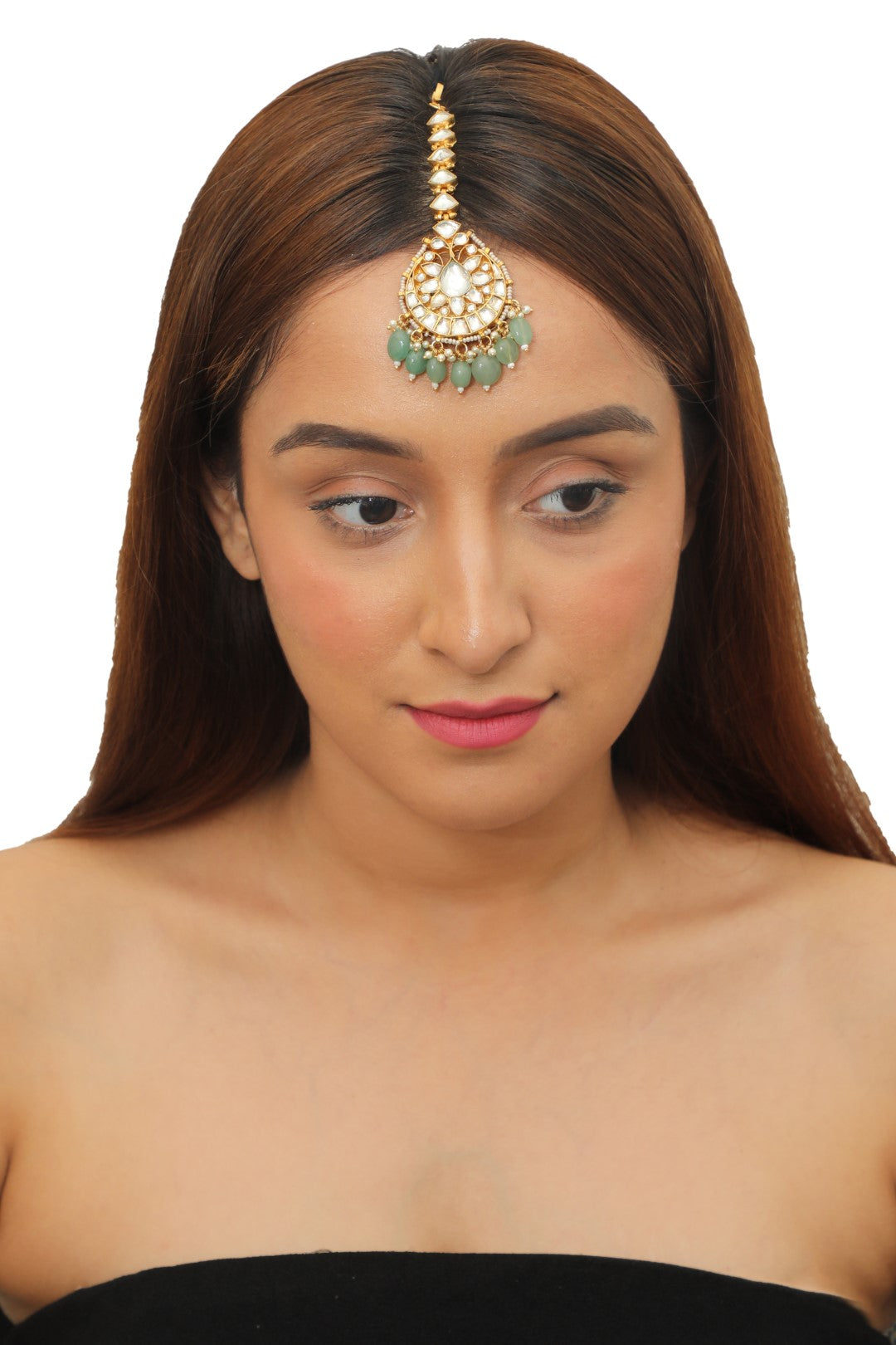Sea Green Beaded Gold Plated Tikka