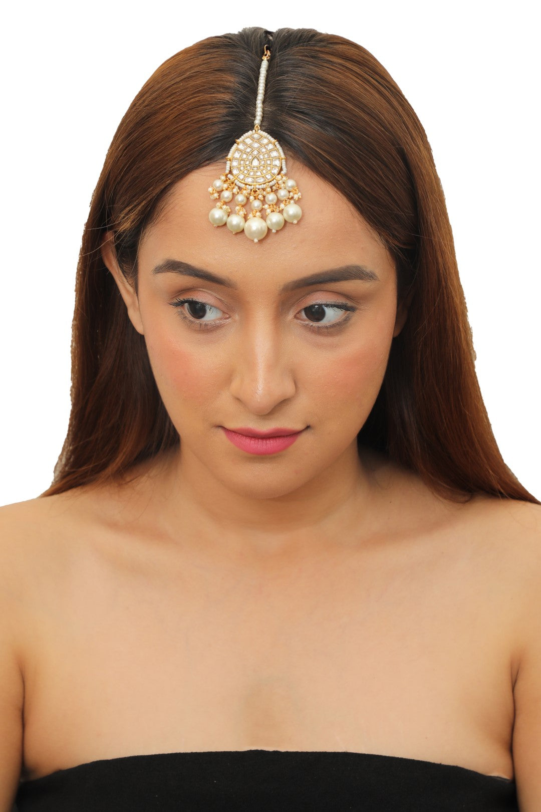 White Pearl Beaded Gold Plated Maangtikka
