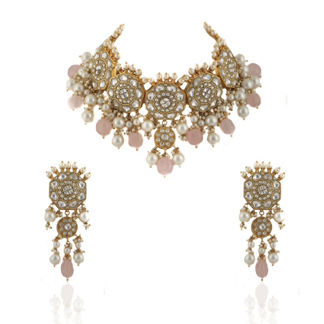 White Jadtar Stone Necklace Set Light Pink Beads With Pearl