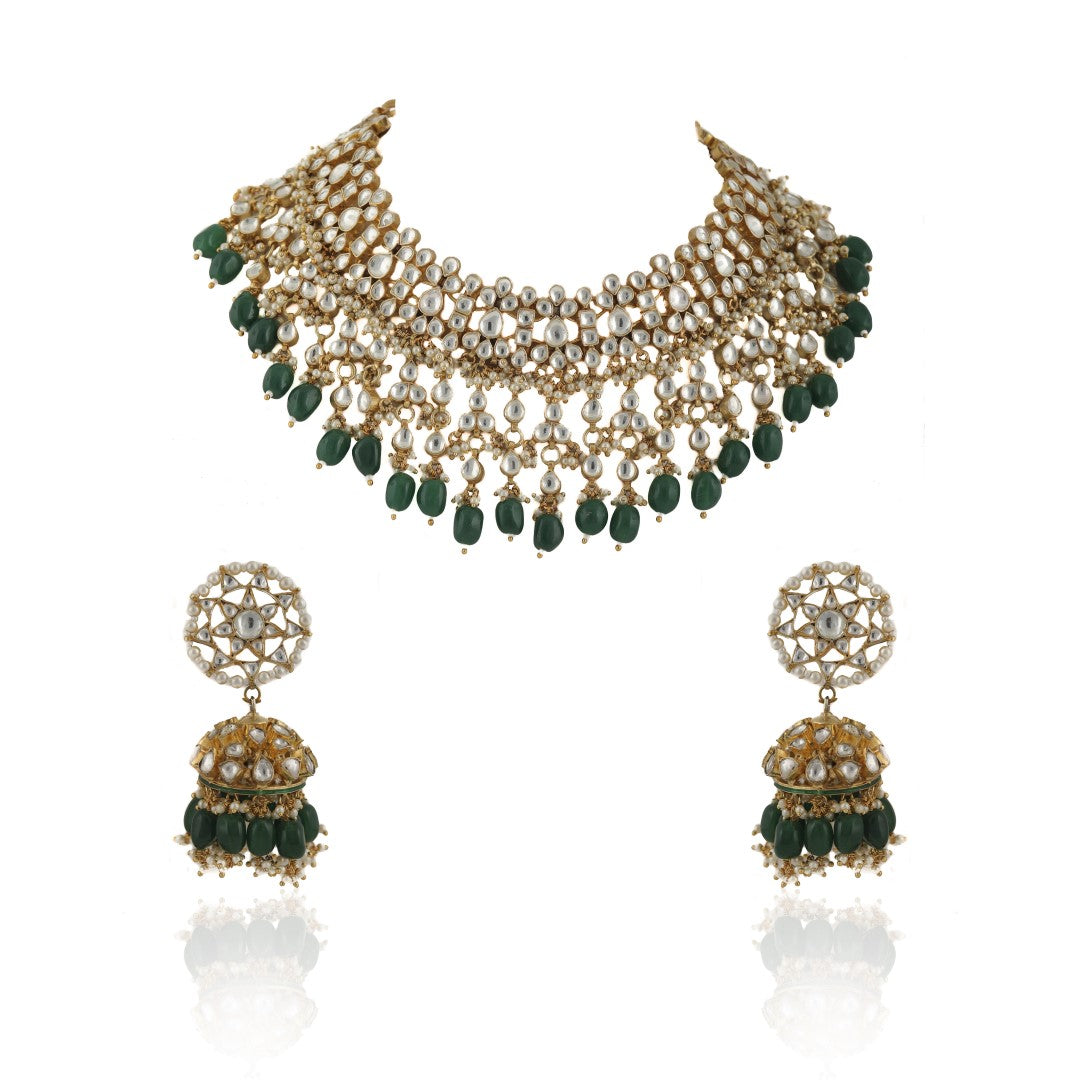 Lower Layer Choker Hangings With Pandadi And Green Beads With Star Shaped Jhumki