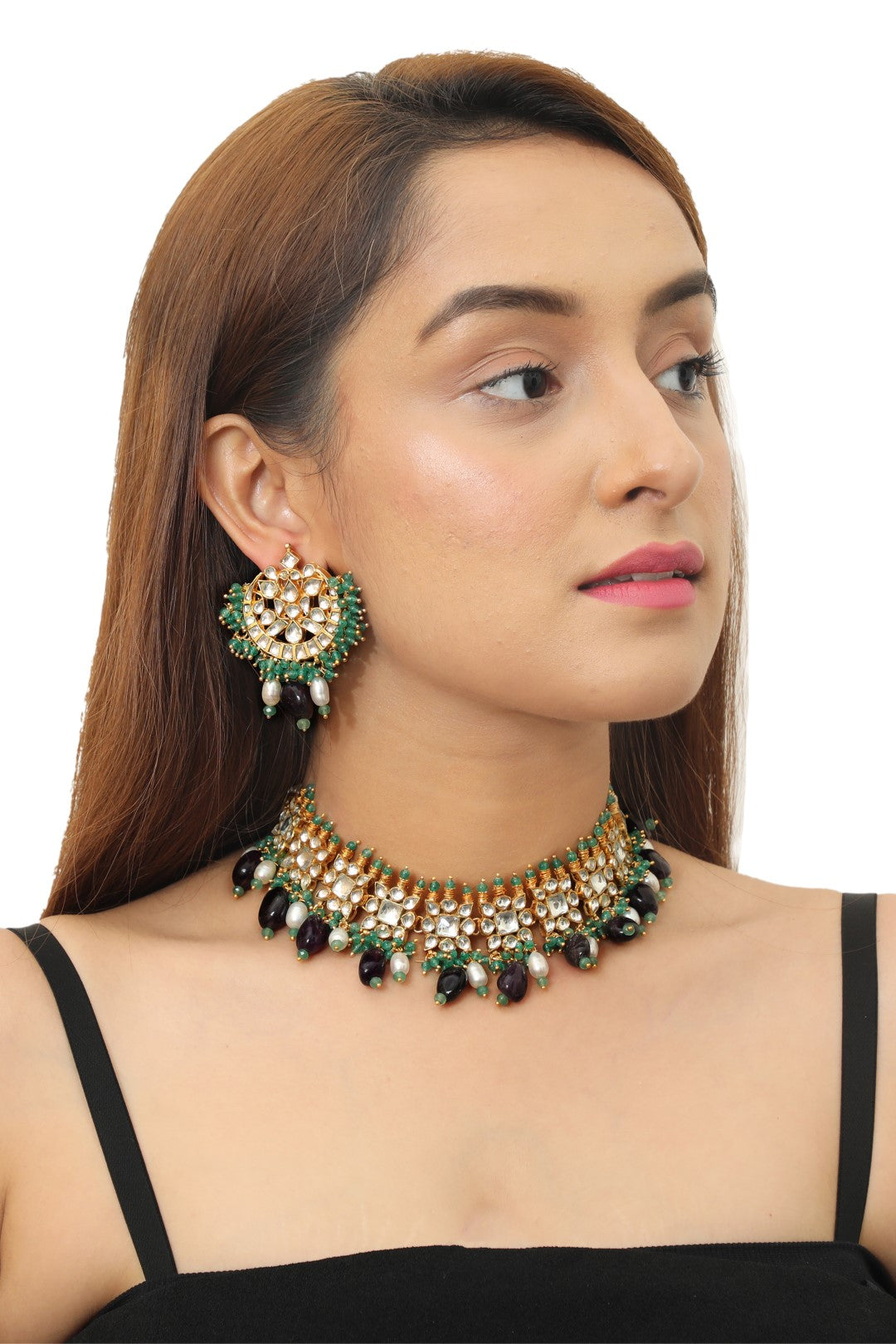 Purple Jadau Choker With Earrings
