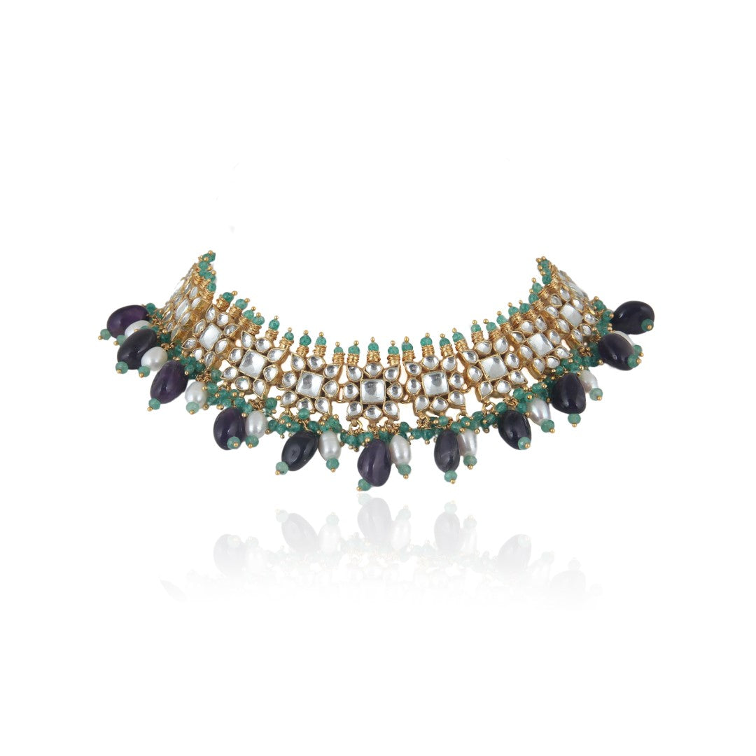 Purple Jadau Choker With Earrings
