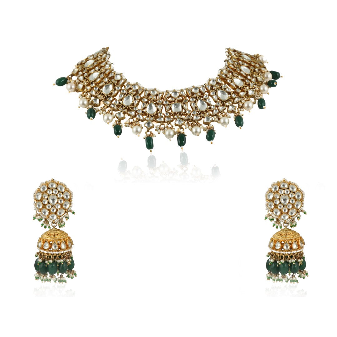Emerald Green Beads With Pearl Choker Set