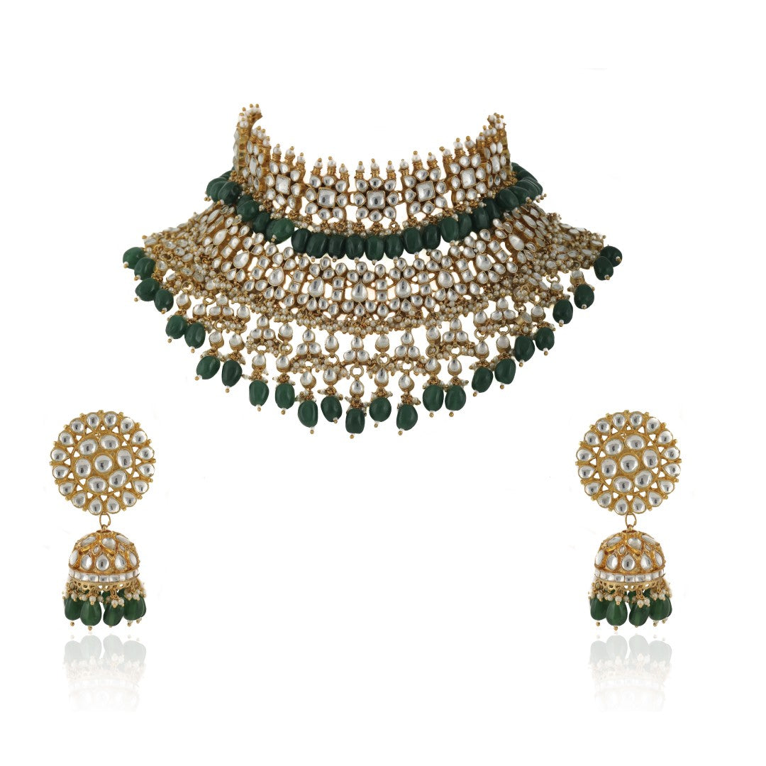 White And Green Jadtar Stone 2 Line Choker With Jhumki Bridal Set