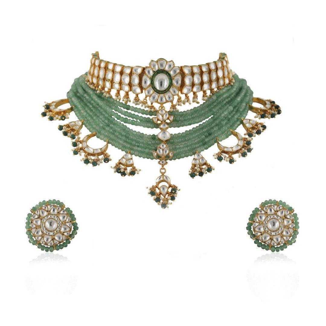 22Kt Gold Plated Meenakri Sea Green Necklace Set