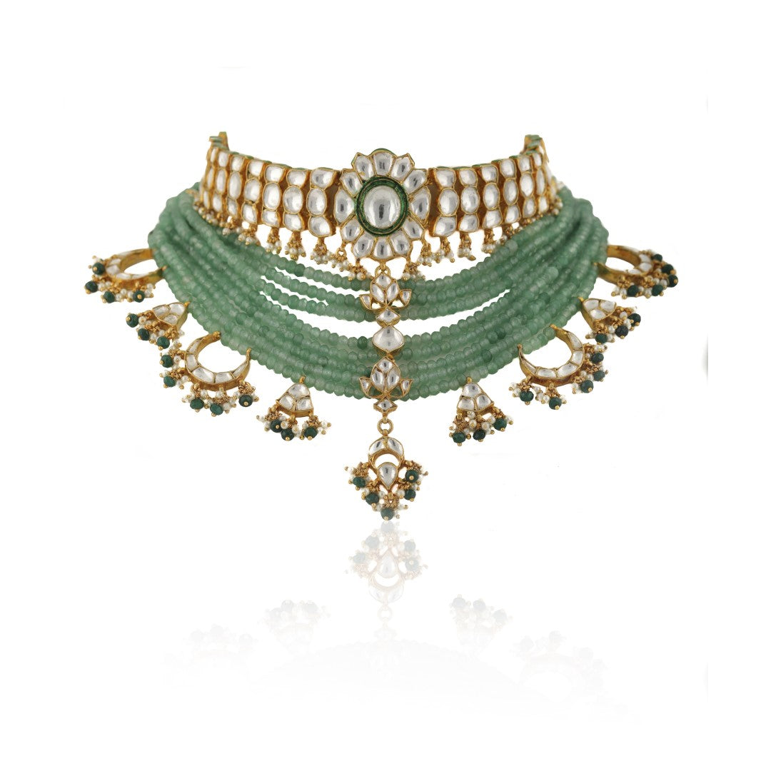 22Kt Gold Plated Meenakri Sea Green Necklace Set