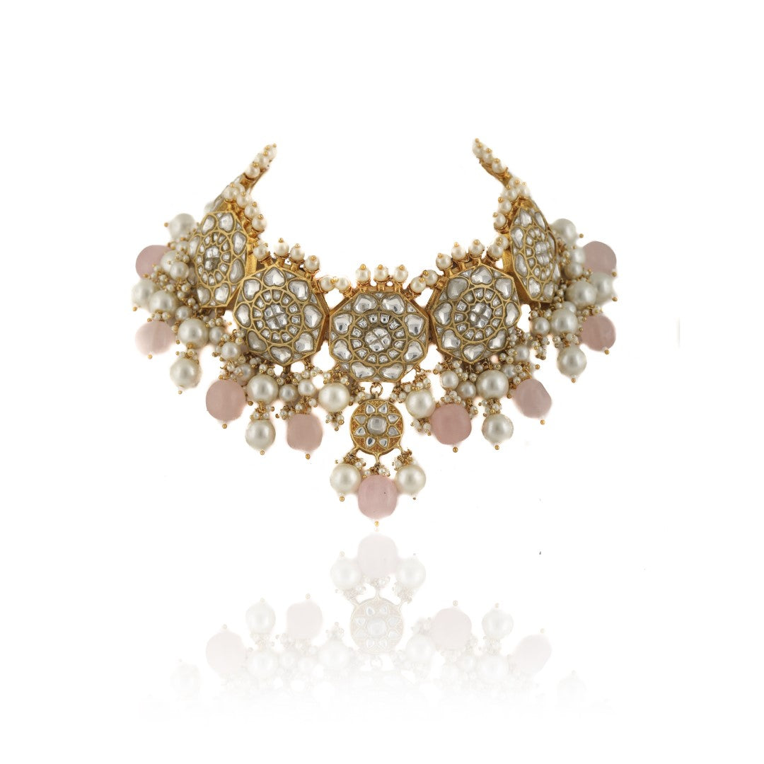 White Jadtar Stone Necklace Set Light Pink Beads With Pearl