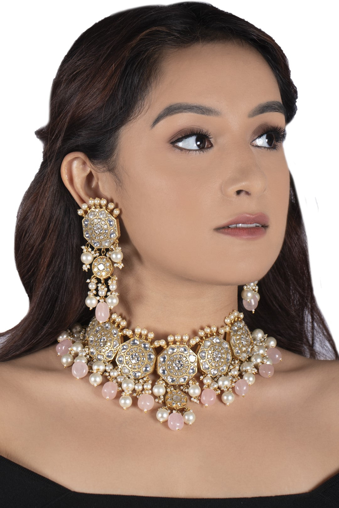 White Jadtar Stone Necklace Set Light Pink Beads With Pearl