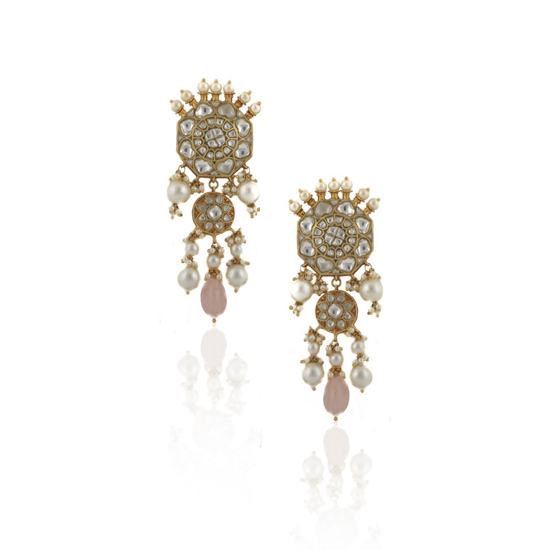 White Jadtar Stone Earrings With Pearl And Light Pink Beads