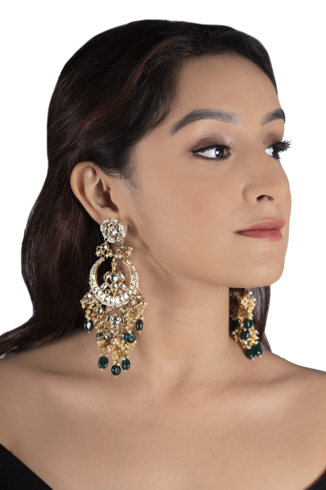 White Chand Baali With Golden Balls And Green Beads
