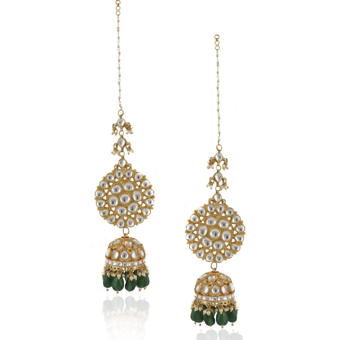 White Round Big Tops With Jhumki With Green Beads With Atteched