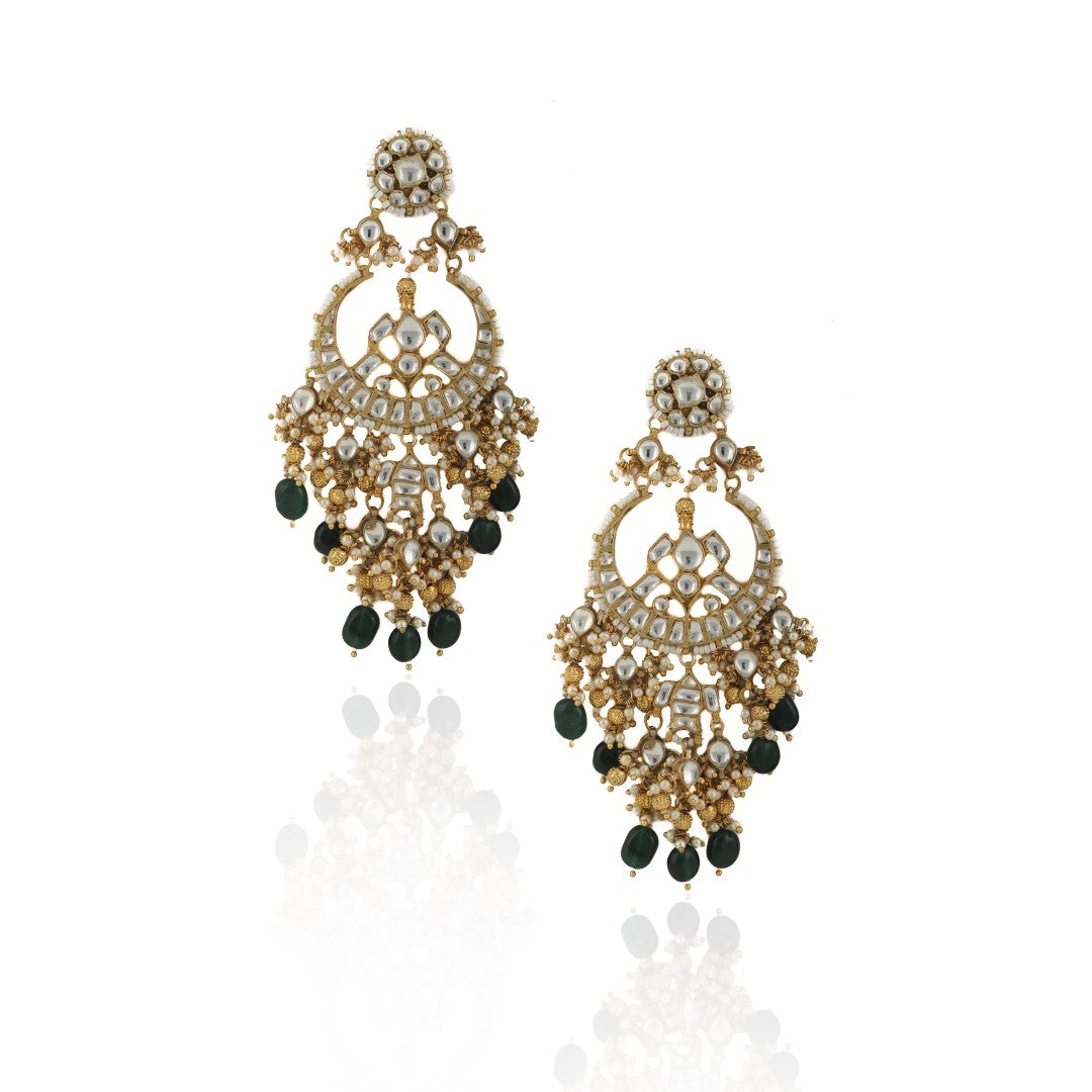White Chand Baali With Golden Balls And Green Beads