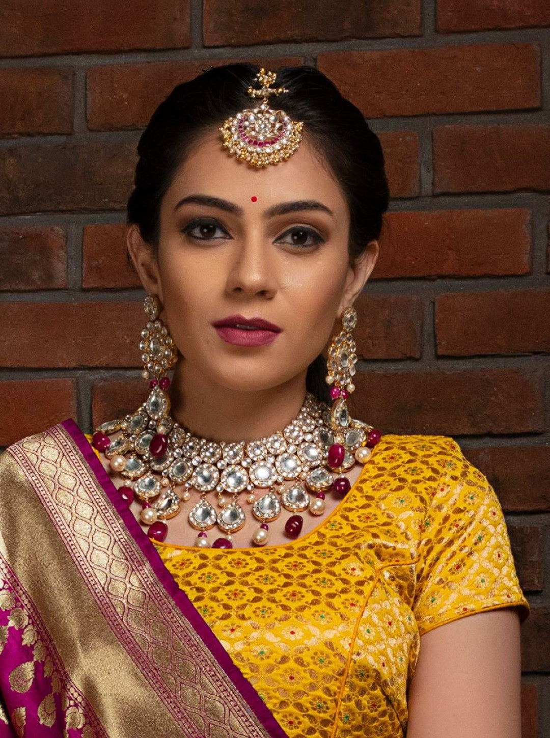 Pink Green Gold Plated Maangtikka