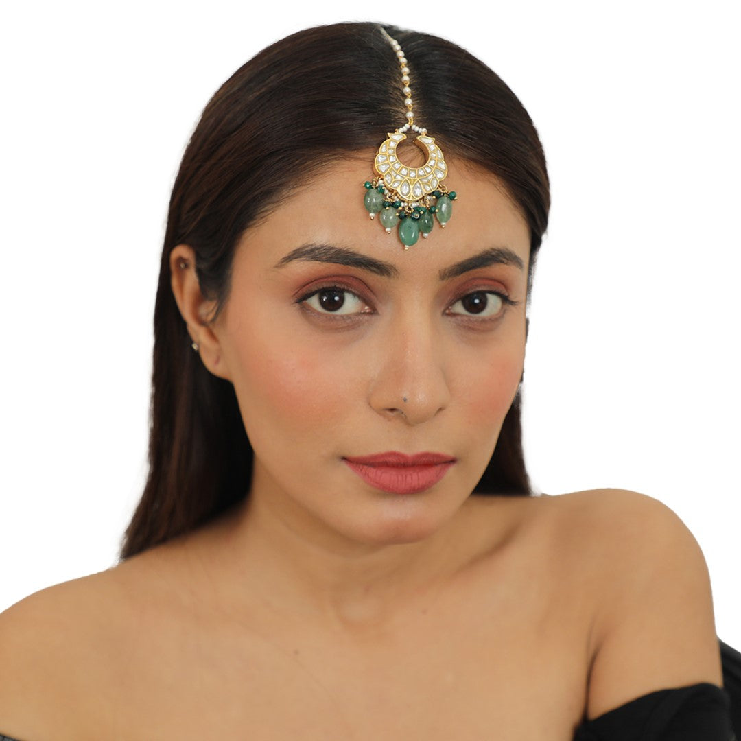 Gold Plated Tikka With Sea Green Beads