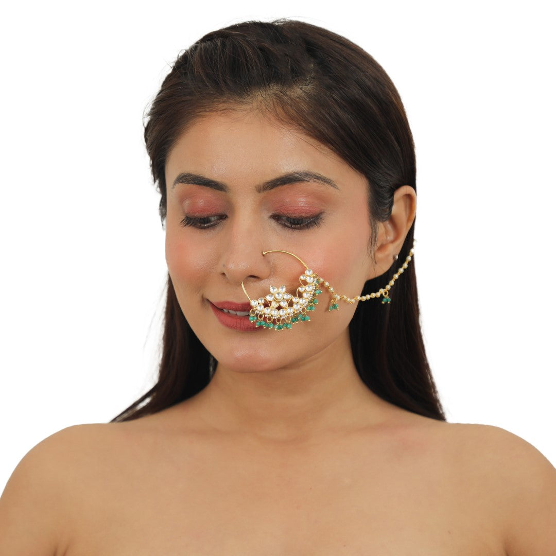 Round Jadau Nosering With Sea Green Beads