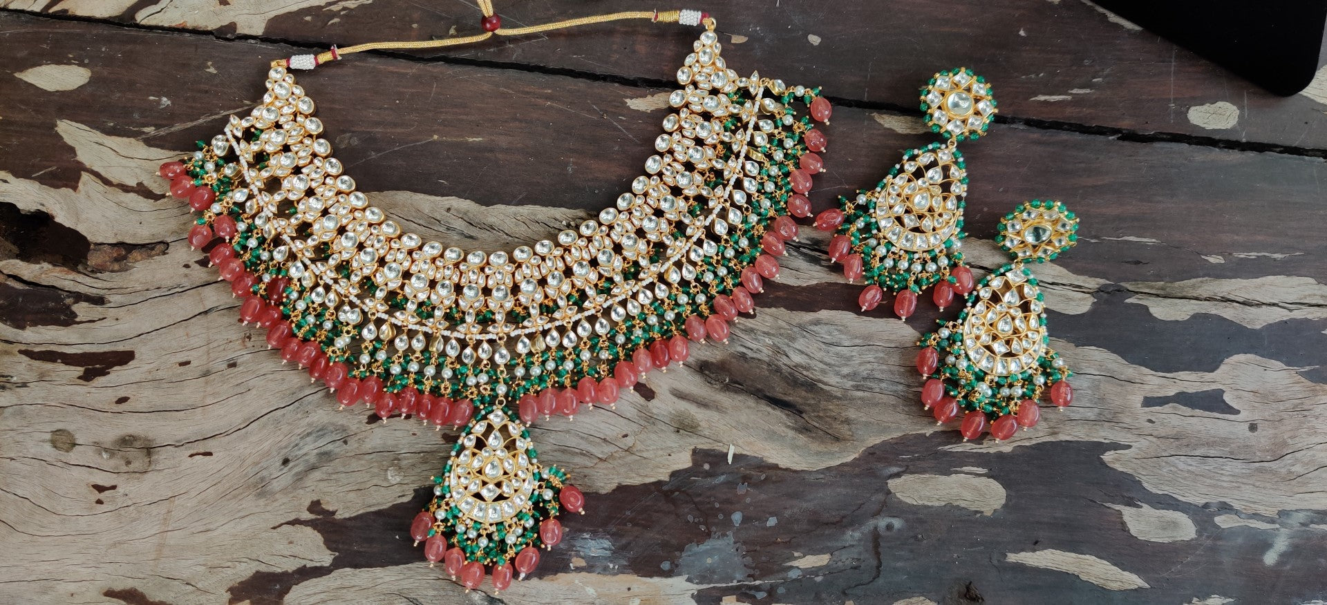 White Jadtar Stone With Pastel Pink And Green Heavy Bridal Necklace Set