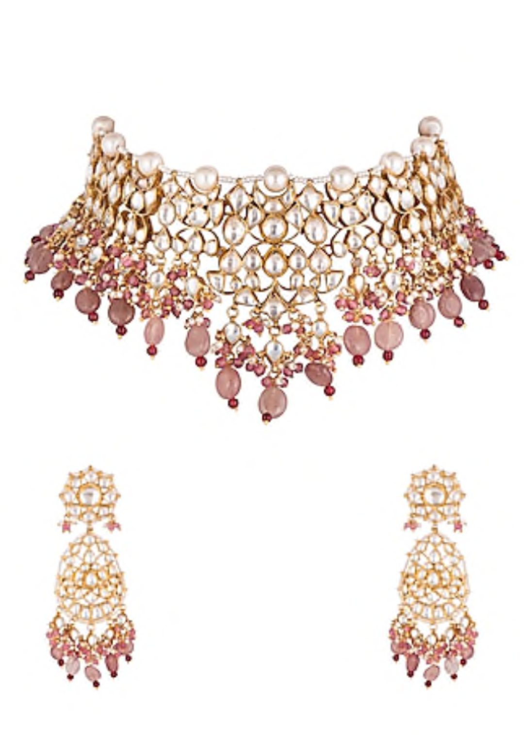 White Jadtar Stone Necklace Beaded Moti Work In Light Pink Beads With Pearl