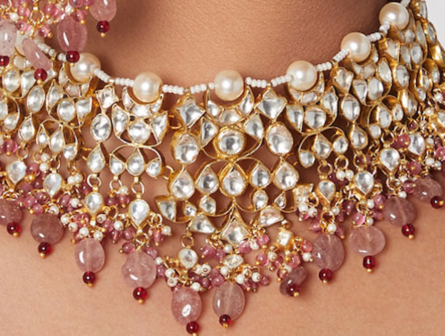 White Jadtar Stone Necklace Beaded Moti Work In Light Pink Beads With Pearl
