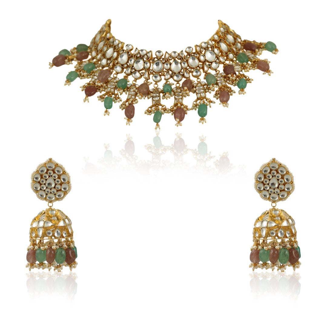 Pastel Pink And Sea Green  Beads  Necklace  Set In 22Kt Gold Plating, With Jhumki Earings