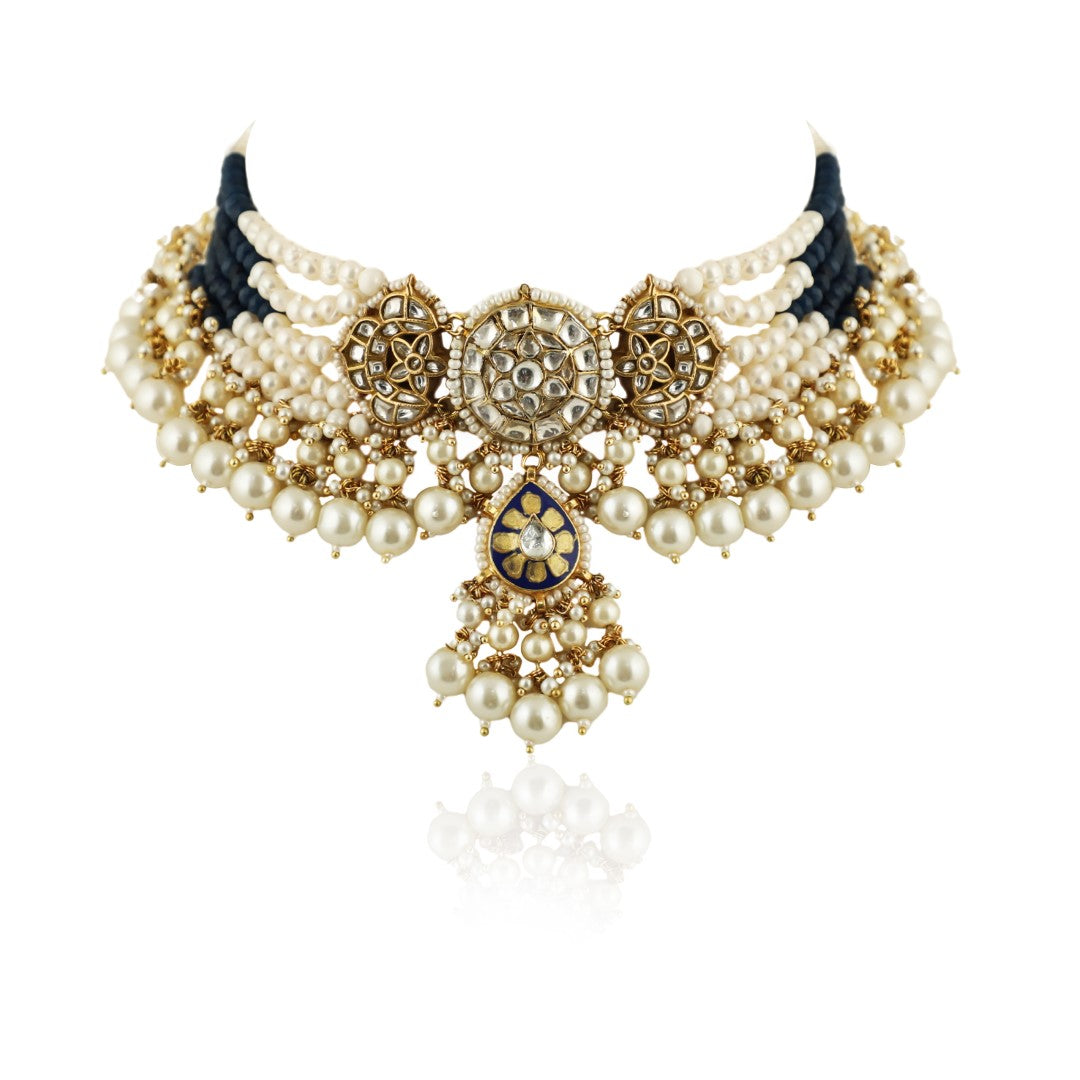 Blue Meenawork Choker Set With White Pearl