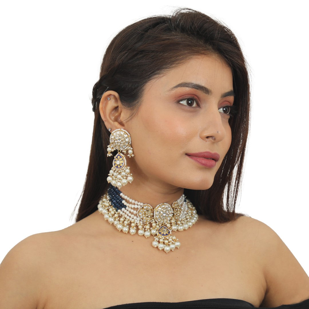 Blue Meenawork Choker Set With White Pearl