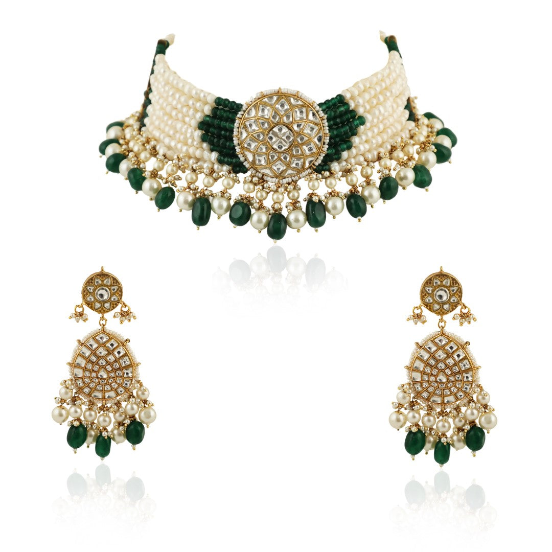 White Choker Set With Small Dark Green And Pearl Line Beadded Green Beads And Pearl