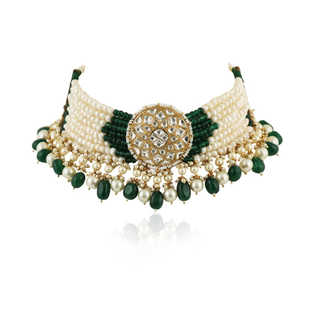 White Choker Set With Small Dark Green And Pearl Line Beadded Green Beads And Pearl