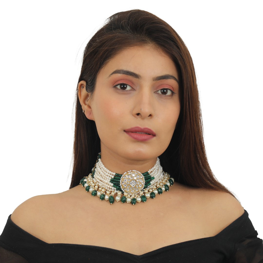 White Choker Set With Small Dark Green And Pearl Line Beadded Green Beads And Pearl