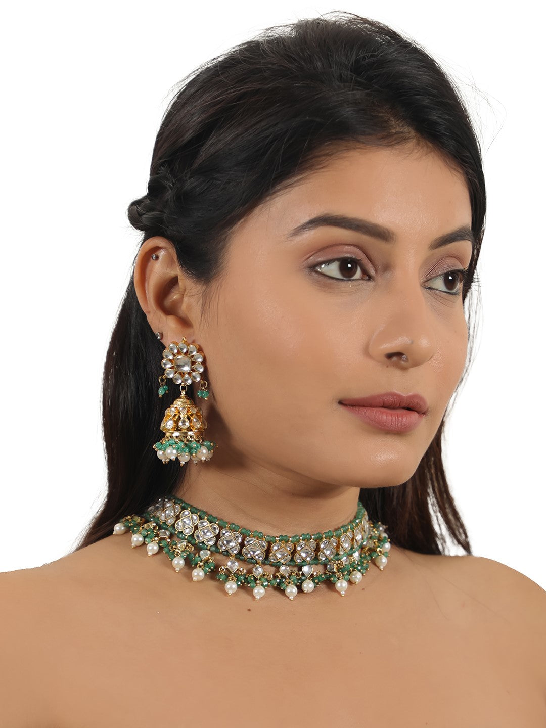 Sea green hangings white pearl choker set