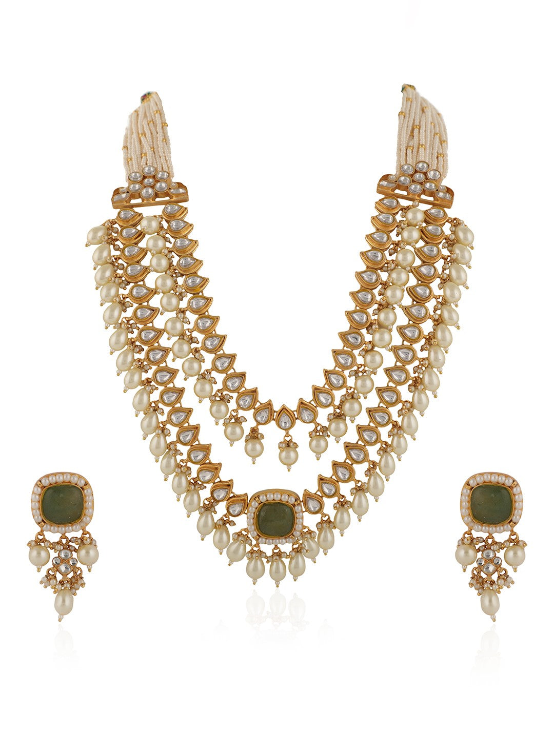 White pearl beaded double layered necklace set
