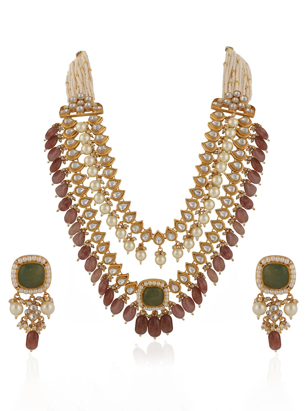 Indian handcrafted pastel pink beaded double layered necklace set
