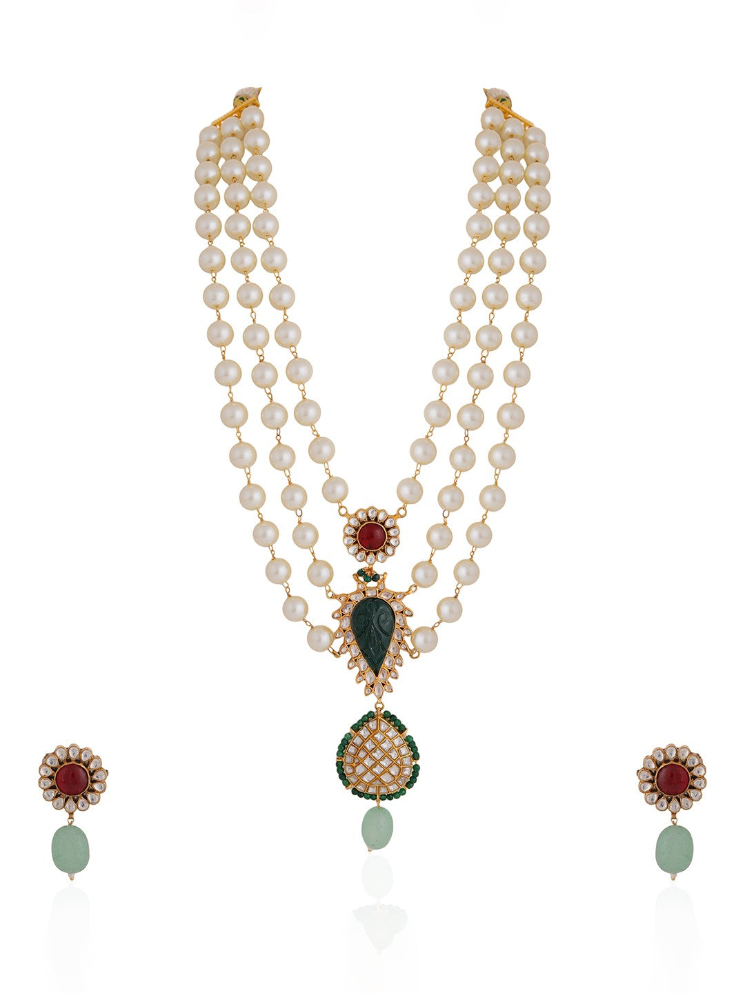 Royal Pearl Necklace With Handcrafted Emerald Green Motive