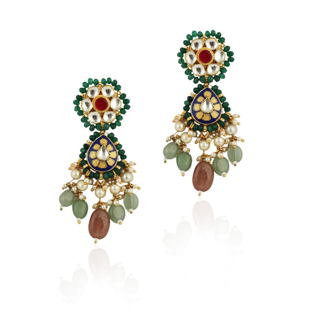 White And Pink Jadtar Stone Earrings With Sea Green Beads