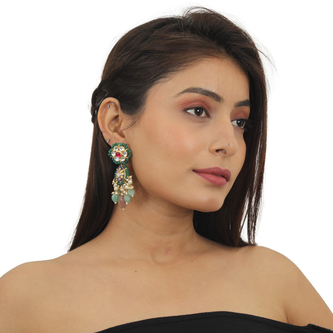 White And Pink Jadtar Stone Earrings With Sea Green Beads