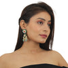 White And Pink Jadtar Stone Earrings With Sea Green Beads