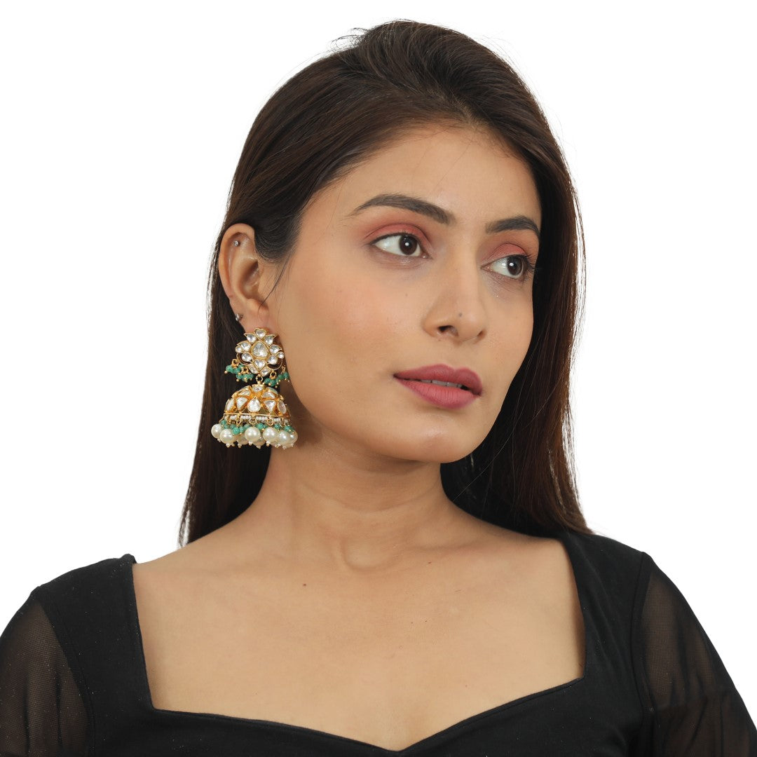 Sea Green Floral Gold Plated Jhumka