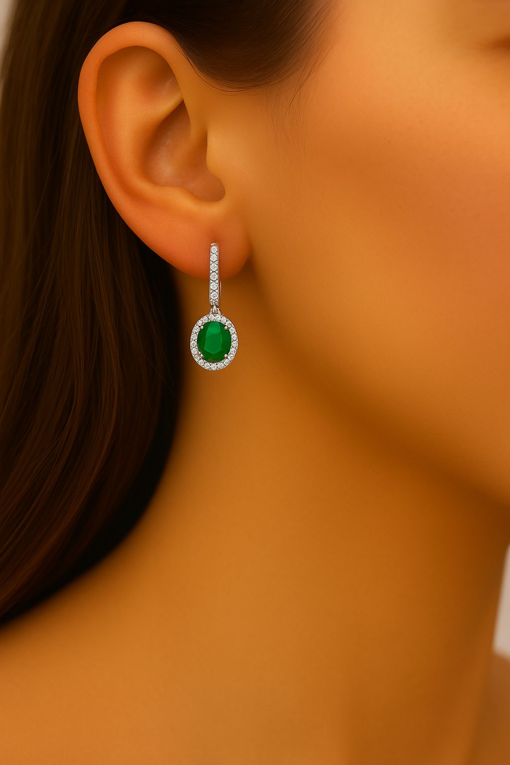 Emerald Green Oval Drop Earrings In 925 Silver
