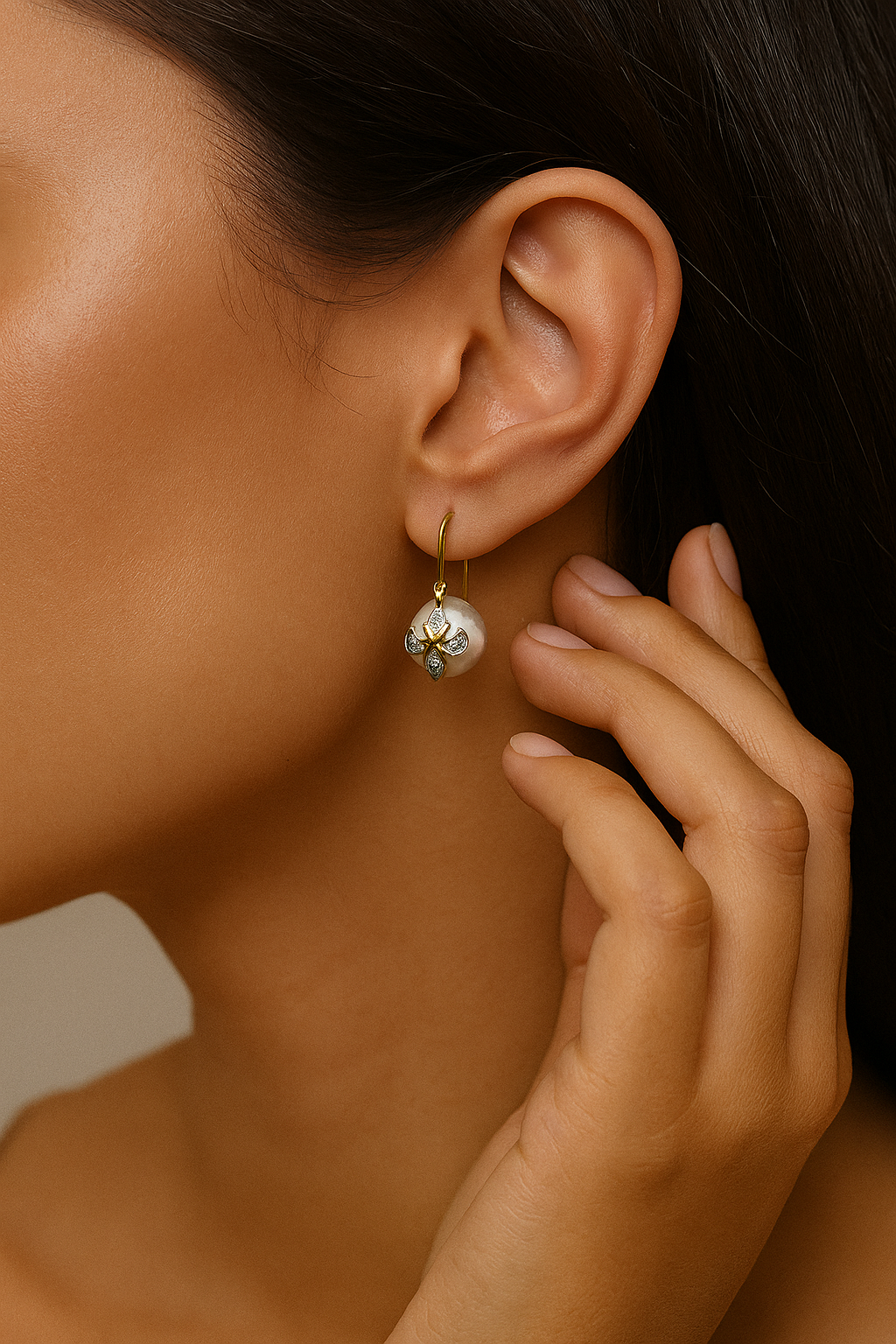 Two Tone Floral Pearl Earrings In 925 Silver