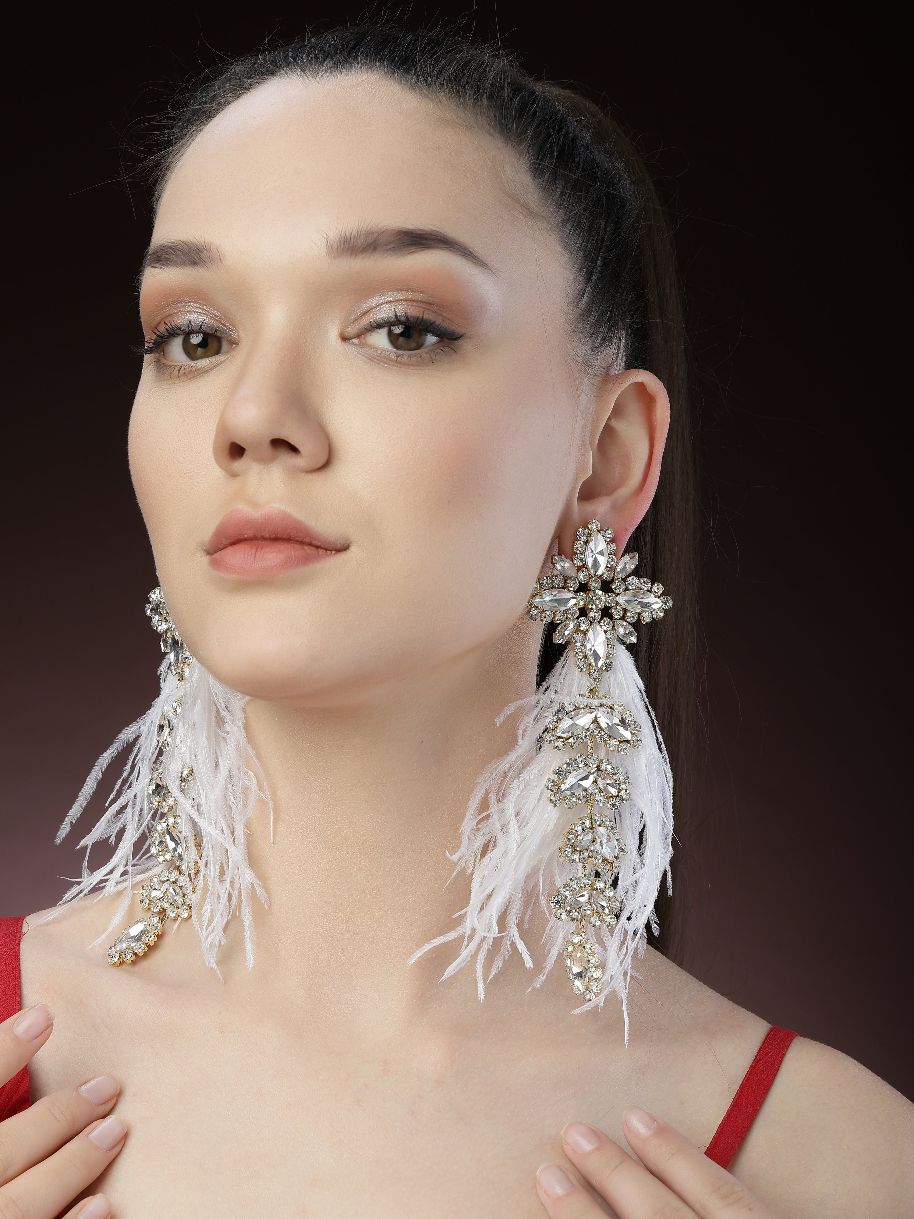 White Crystal Feather Earrings