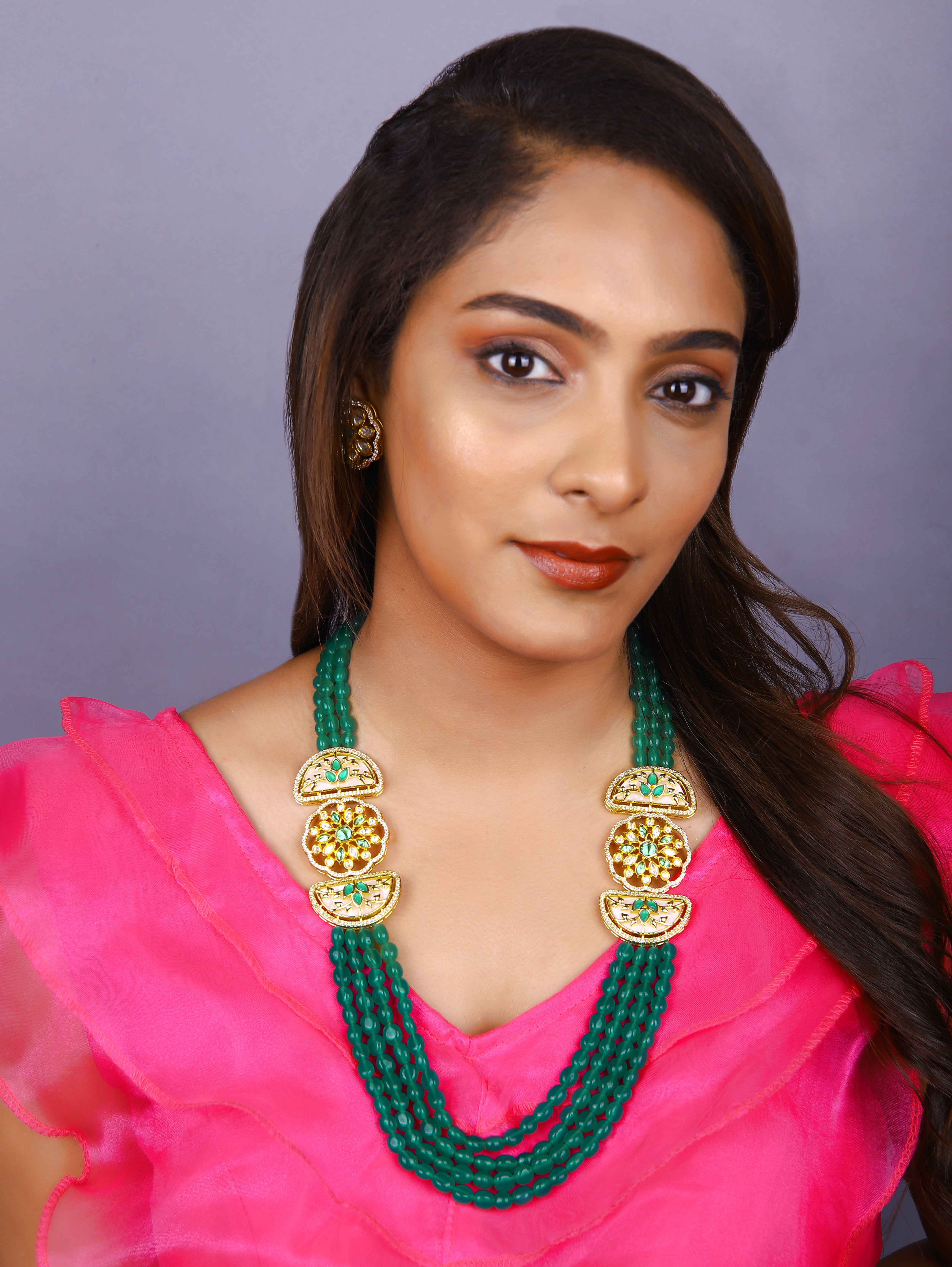 Gold Finish Kundan Polki & Semi Precious Beads Emerald