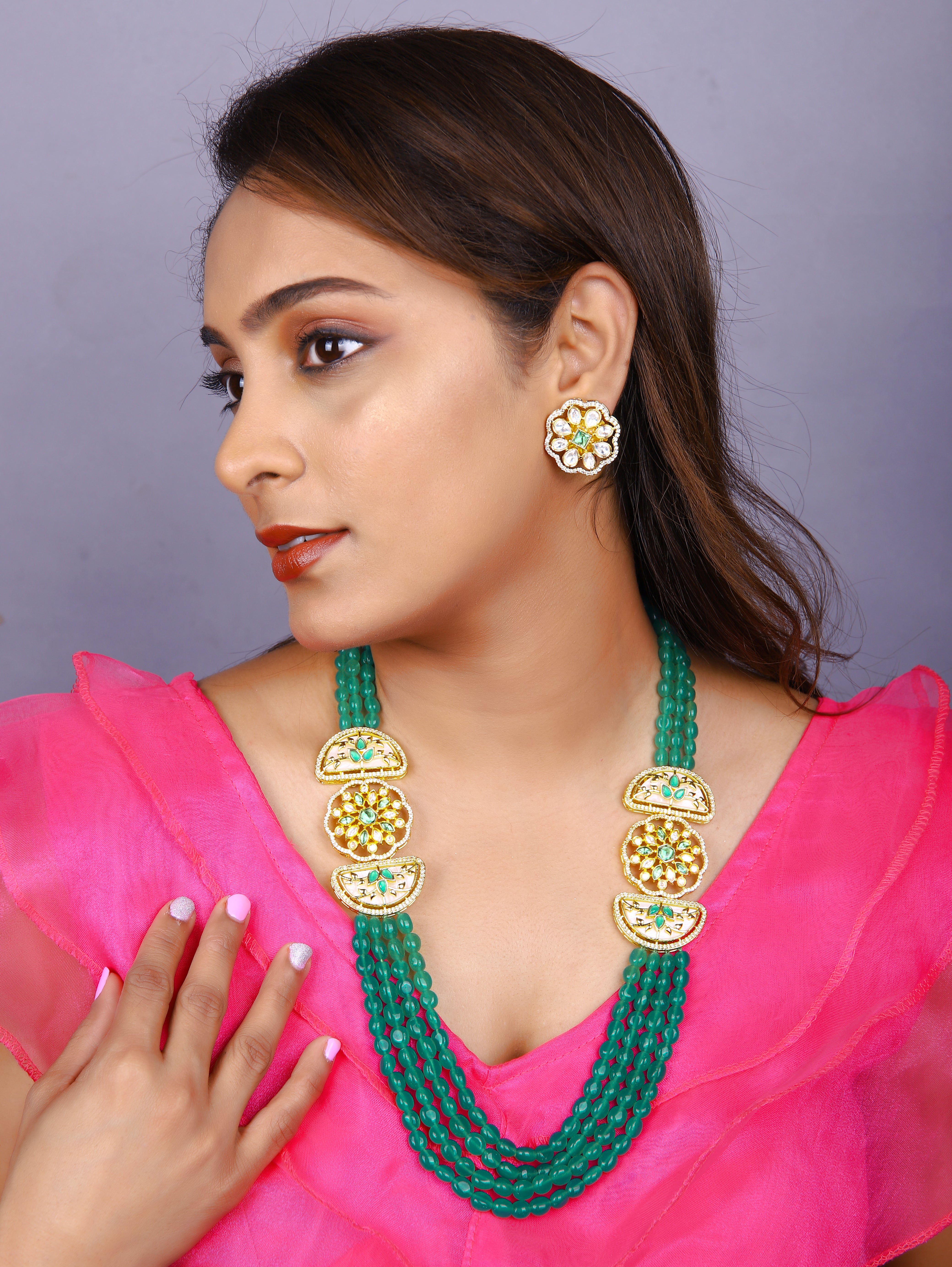 Gold Finish Kundan Polki & Semi Precious Beads Emerald
