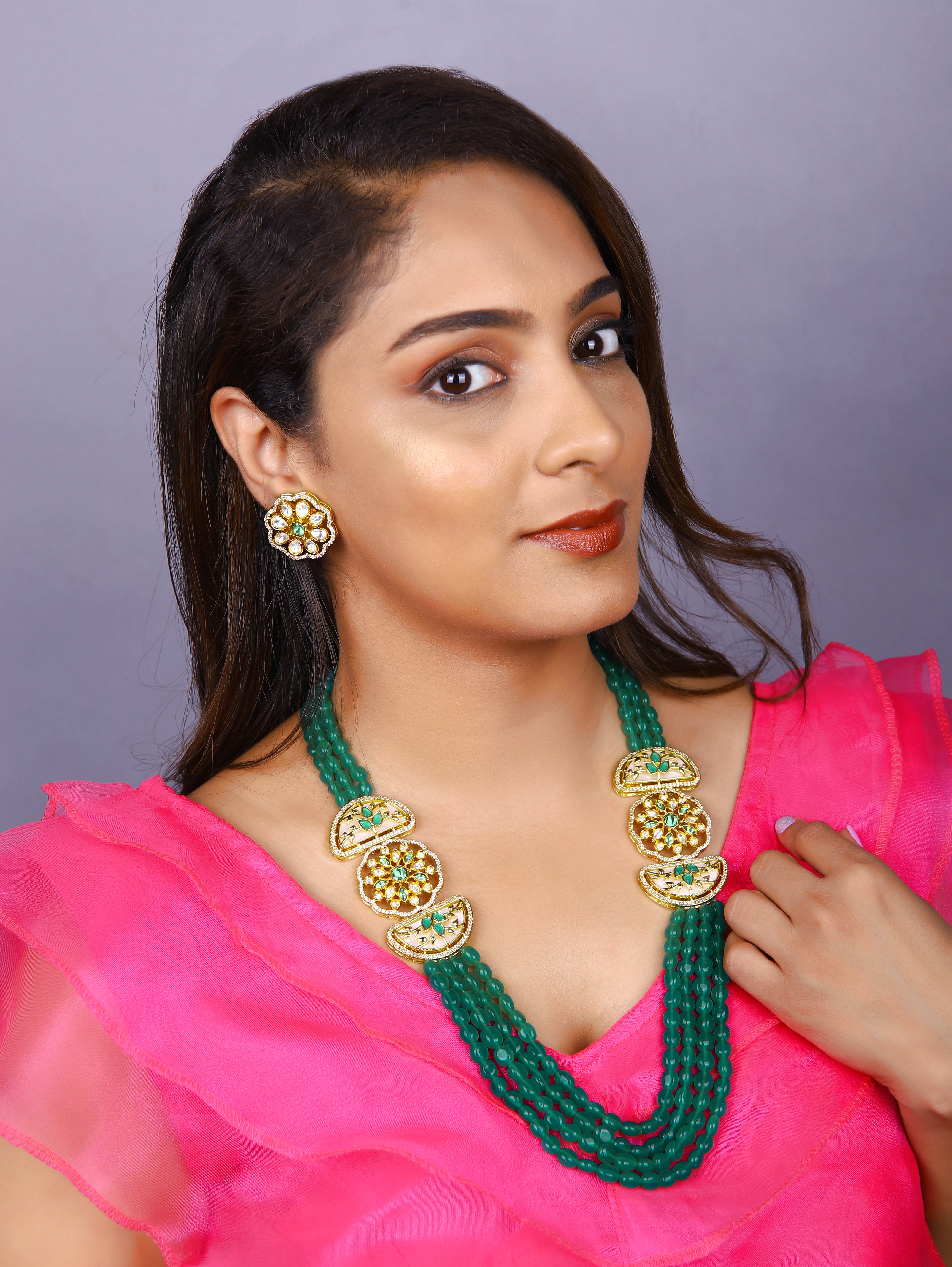 Gold Finish Kundan Polki & Semi Precious Beads Emerald