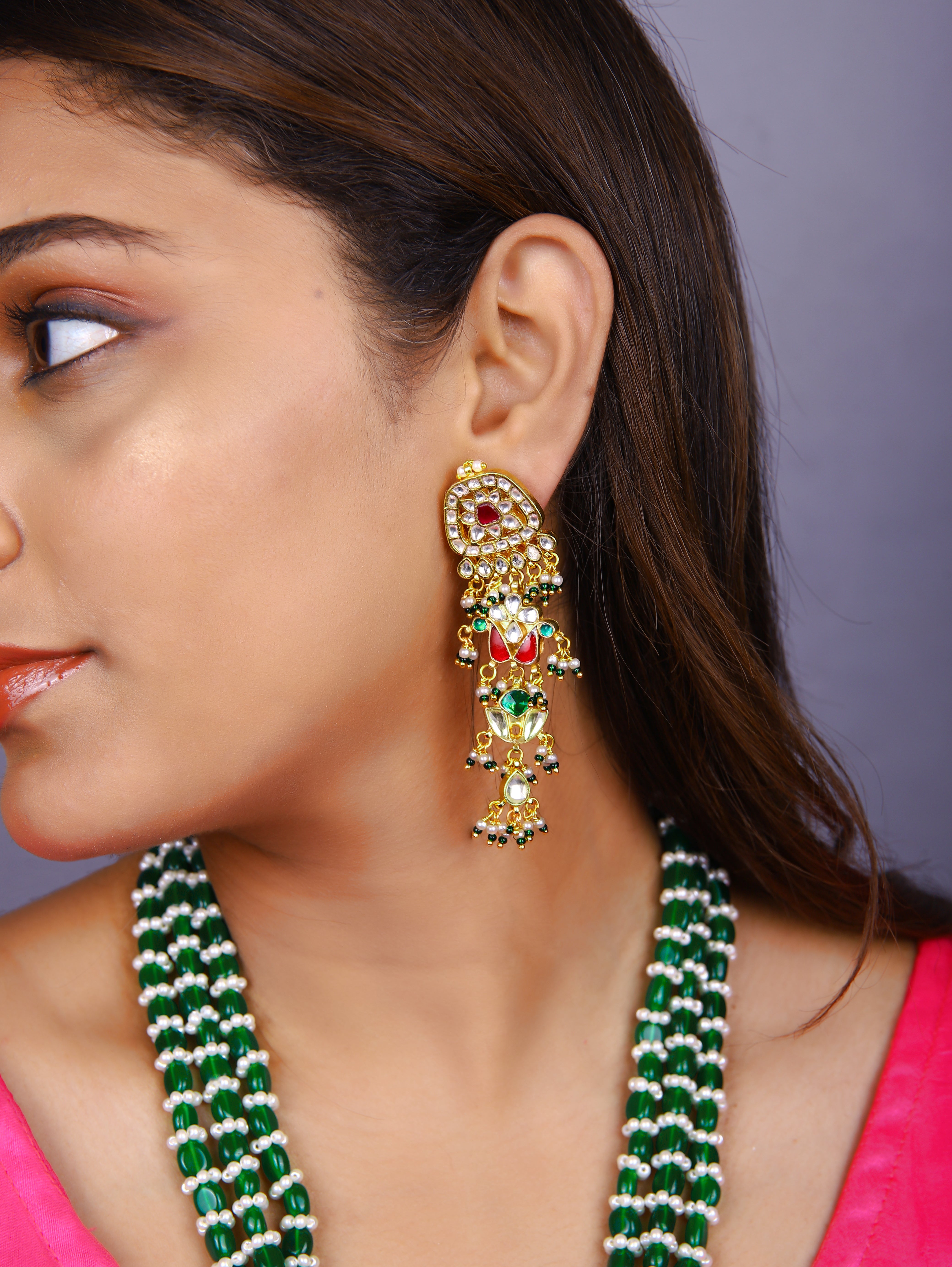 Gold Finish & Kundan Poli Pink & Green Necklace Set