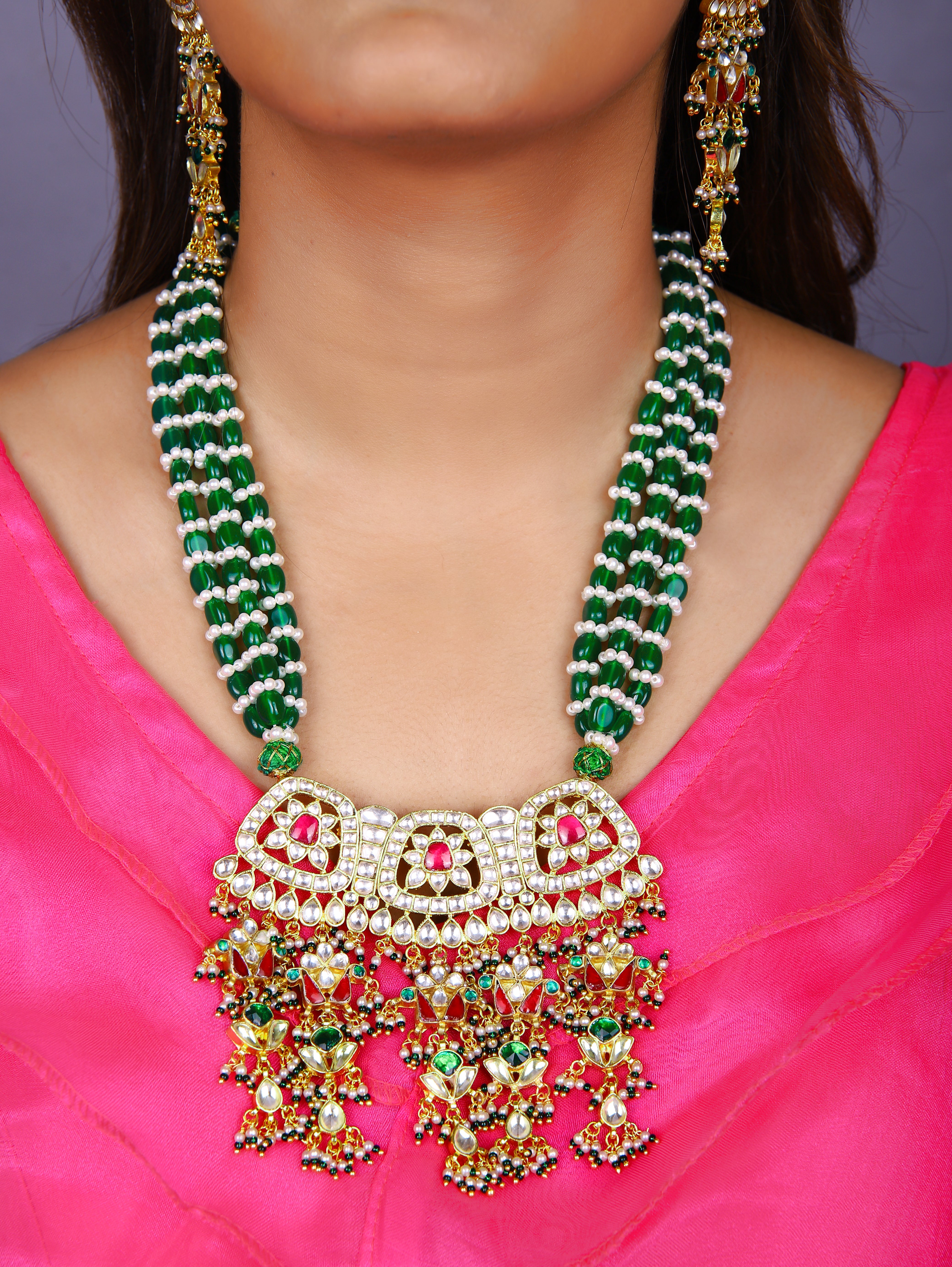 Gold Finish & Kundan Poli Pink & Green Necklace Set