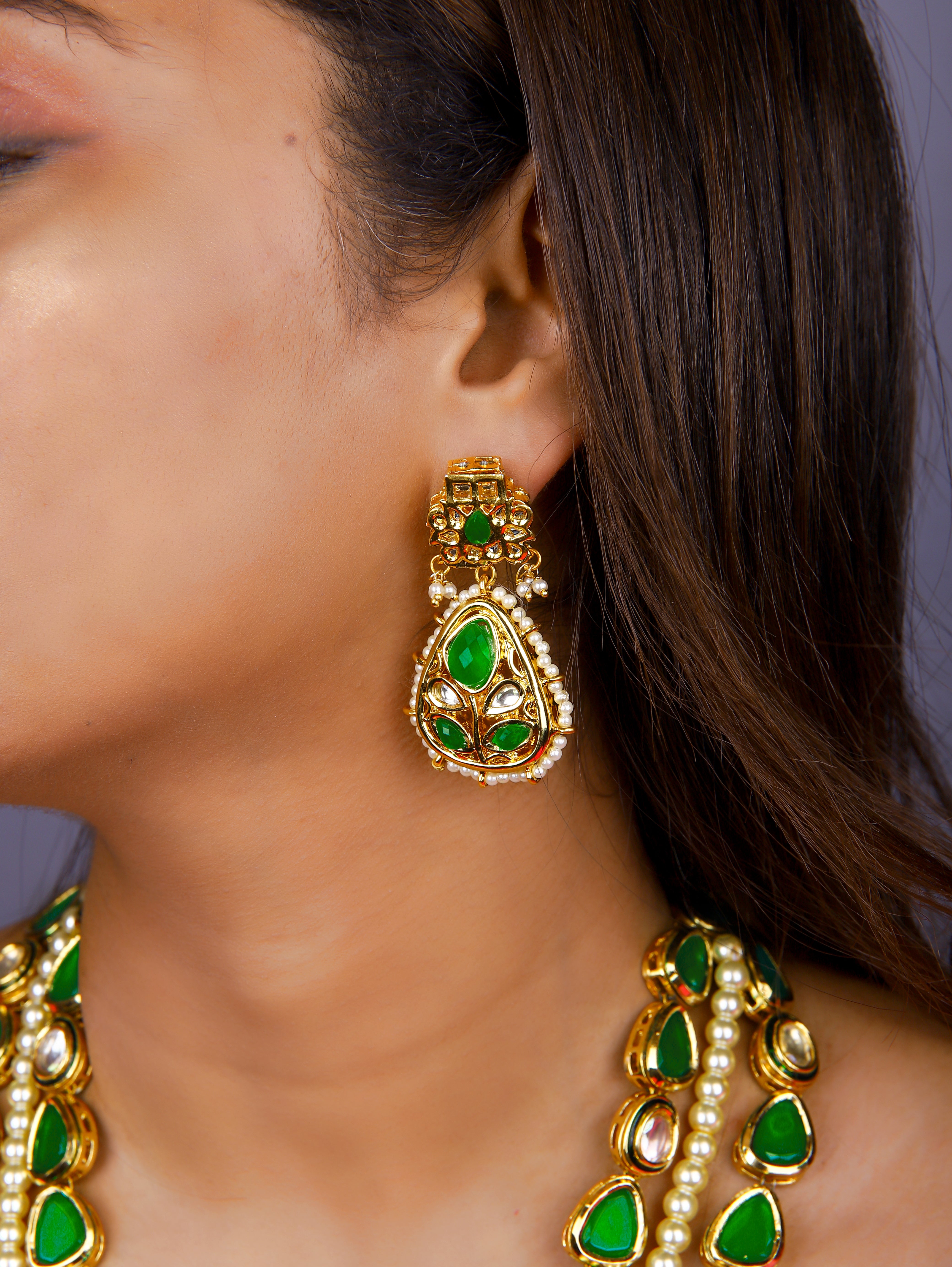 Gold Finish Kundan Polki Necklace Set