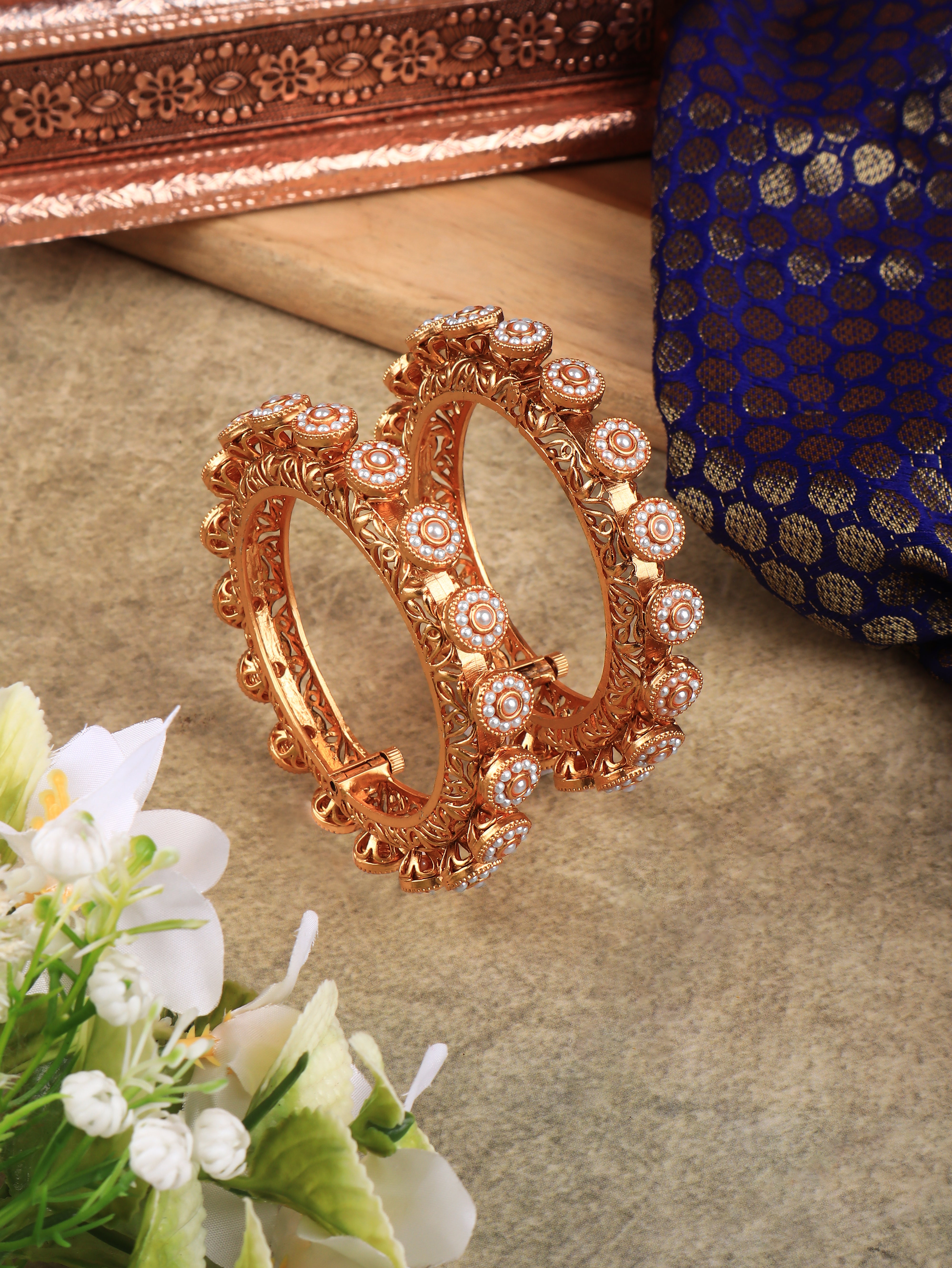 Gold Finish Kundan  Polki & Small Pearl  Openabal Bangle 2