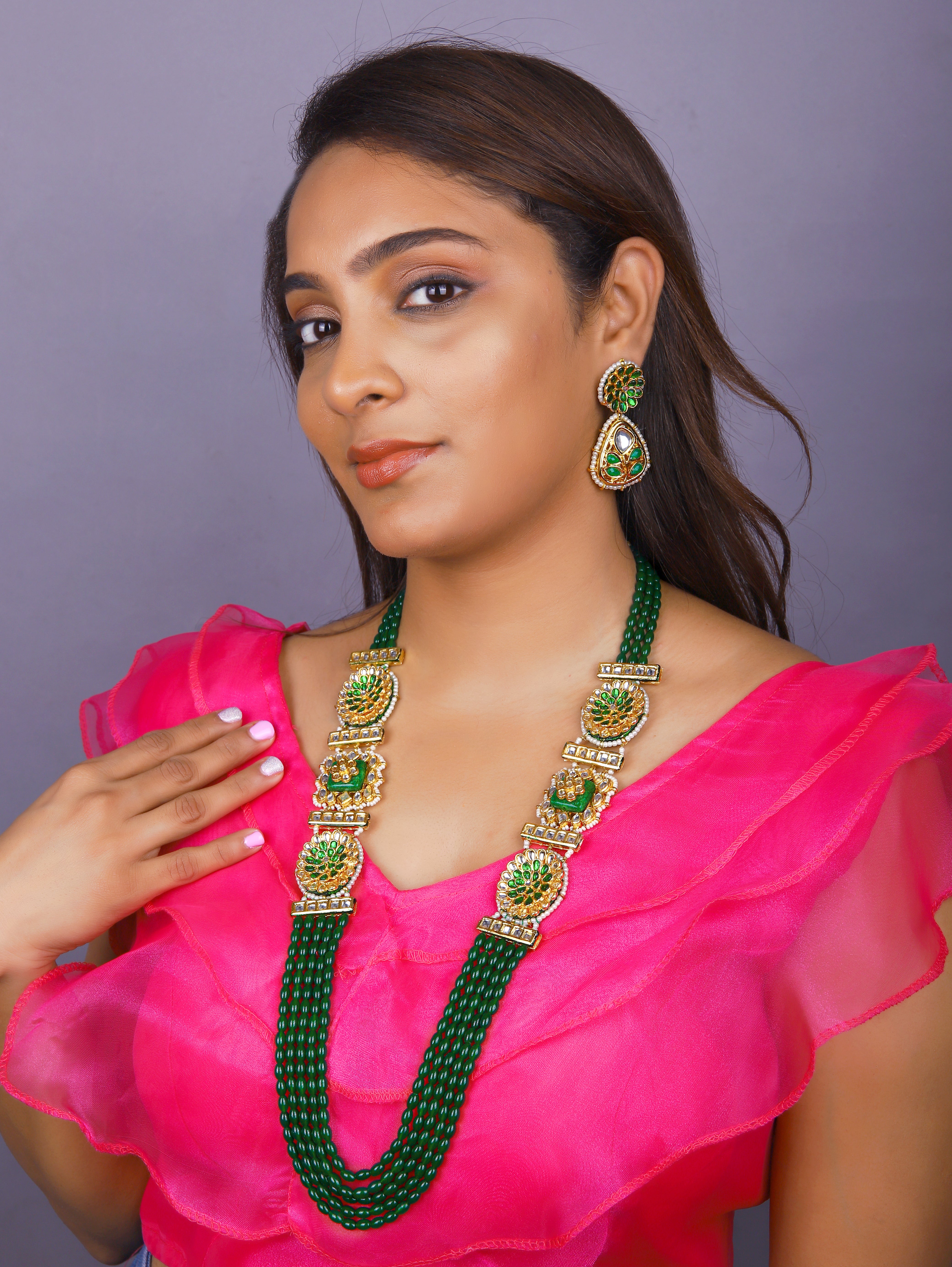 Gold Finish Kundan Polki & Semi Precious Beads Necklace Set 2