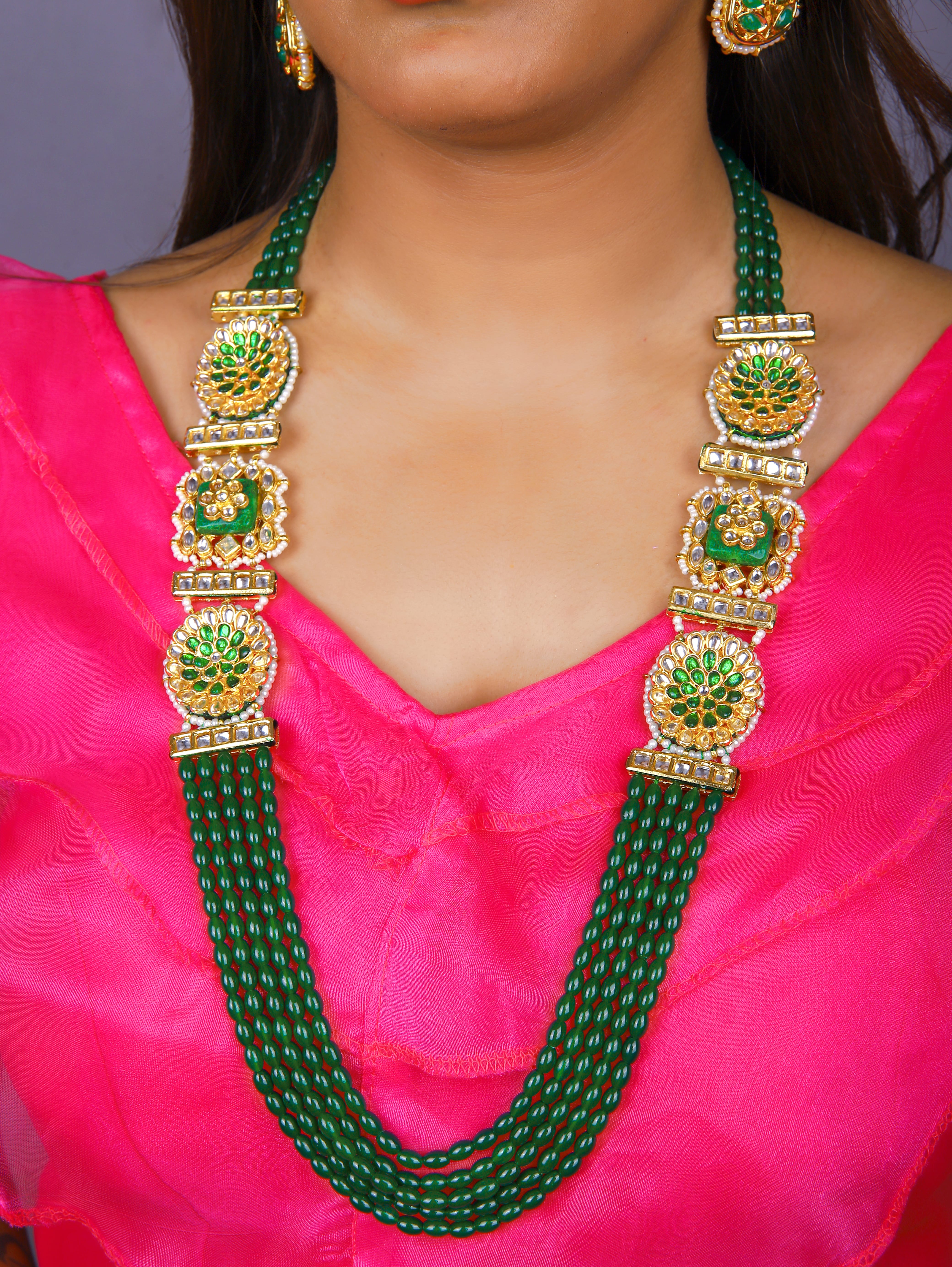 Gold Finish Kundan Polki & Semi Precious Beads Necklace Set 2