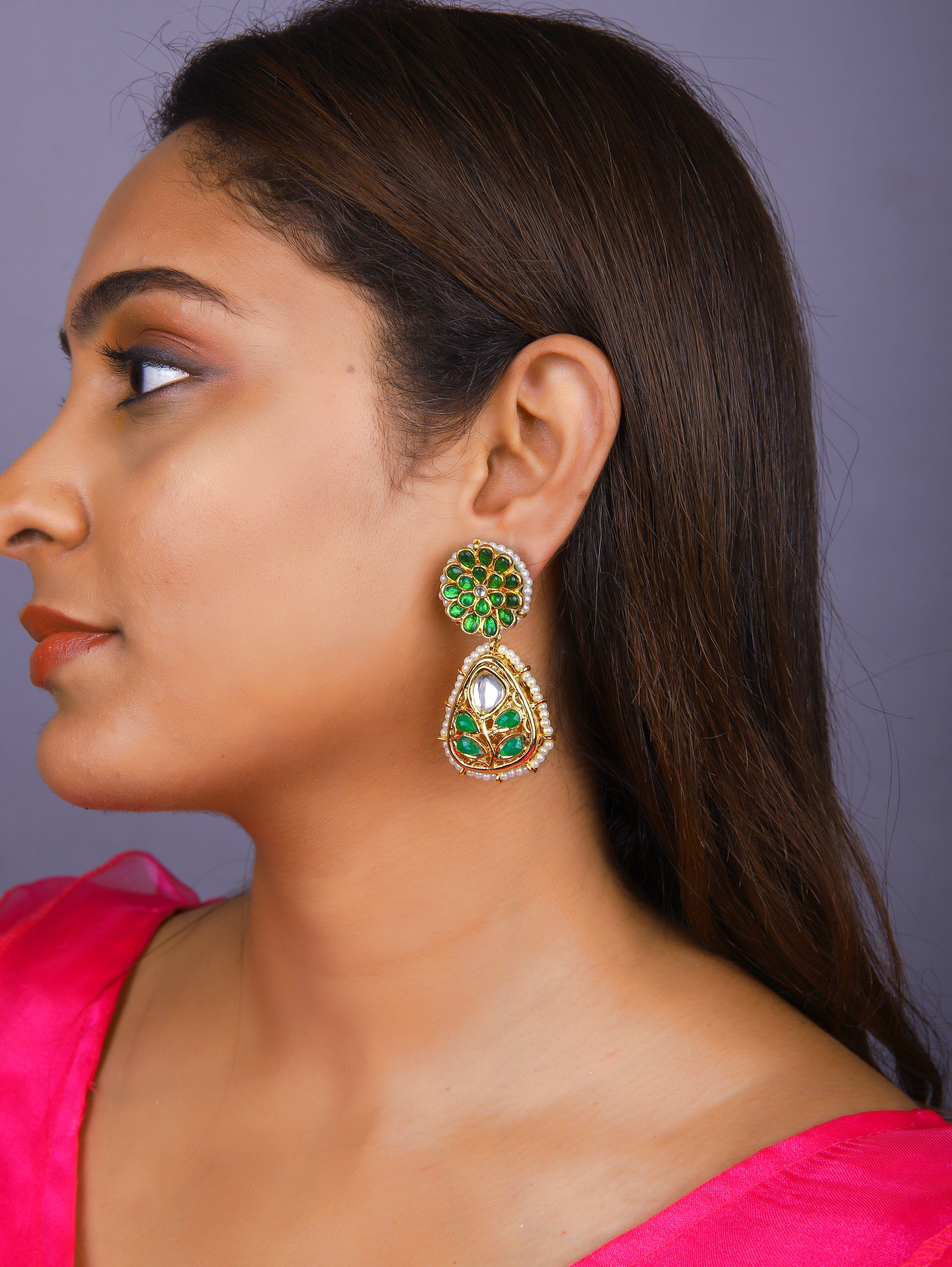 Gold Finish Kundan Polki & Semi Precious Beads Necklace Set 2